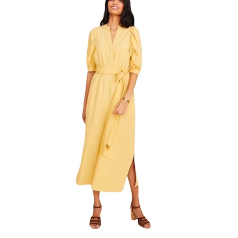 NWT Ann Taylor Yellow Linen Puff Sleeve Belted Midi Dress 
Size Large Petite